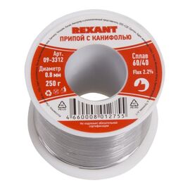  Припой с канифолью REXANT 09-3312 250г, 0.8мм, Олово 60%, Свинец 40%, Катушка 